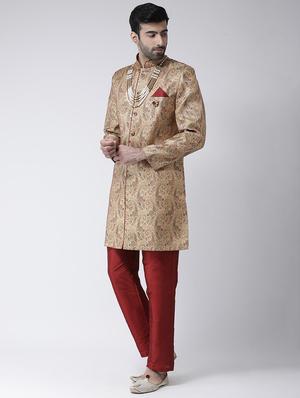 gold jacquard sherwani set - 17335042 - Standard Image - 2