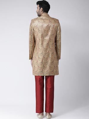 gold jacquard sherwani set - 17335042 - Standard Image - 3
