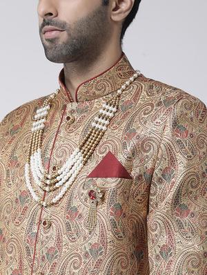 gold jacquard sherwani set - 17335042 - Standard Image - 4