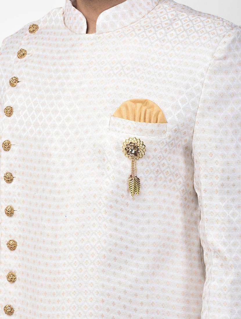 cream jacquard sherwani set - 17335043 - Zoom Image - 4