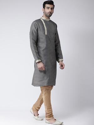 navy blue jacquard dupion kurta pyjama set - 17335048 - Standard Image - 2