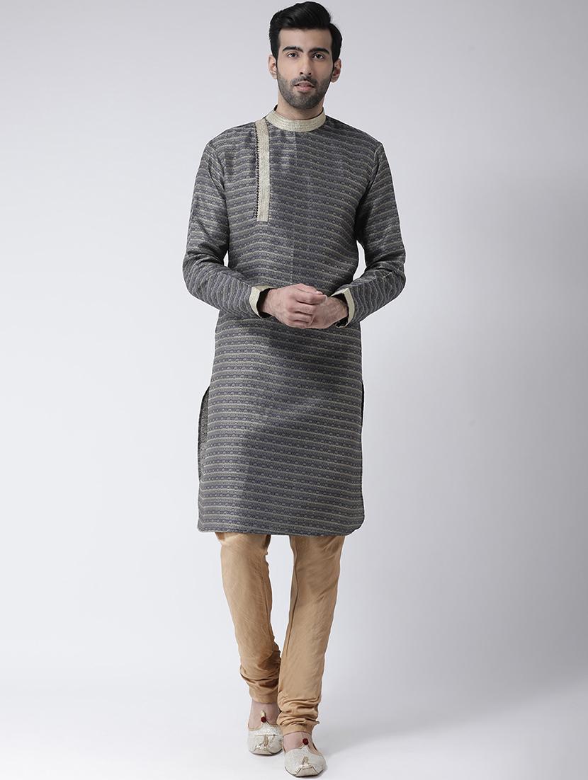 navy blue jacquard dupion kurta pyjama set - 17335048 - Zoom Image - 1