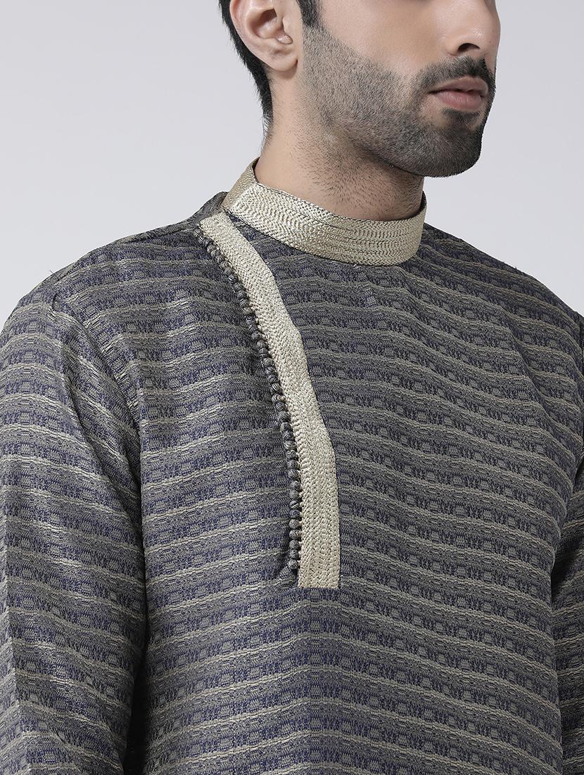 navy blue jacquard dupion kurta pyjama set - 17335048 - Zoom Image - 4