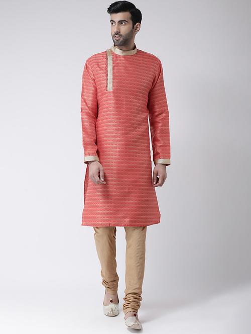 red jacquard dupion kurta pyjama set - 17335049 - Standard Image - 1
