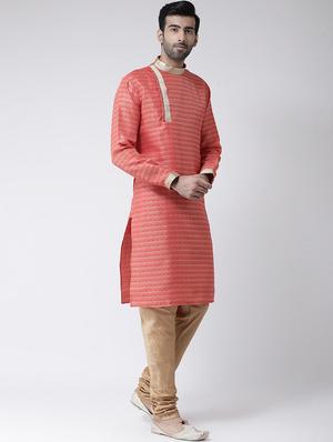 red jacquard dupion kurta pyjama set - 17335049 - Standard Image - 2