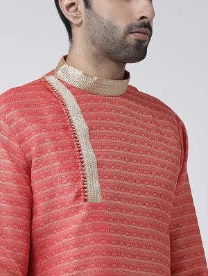 red jacquard dupion kurta pyjama set - 17335049 - Standard Image - 4