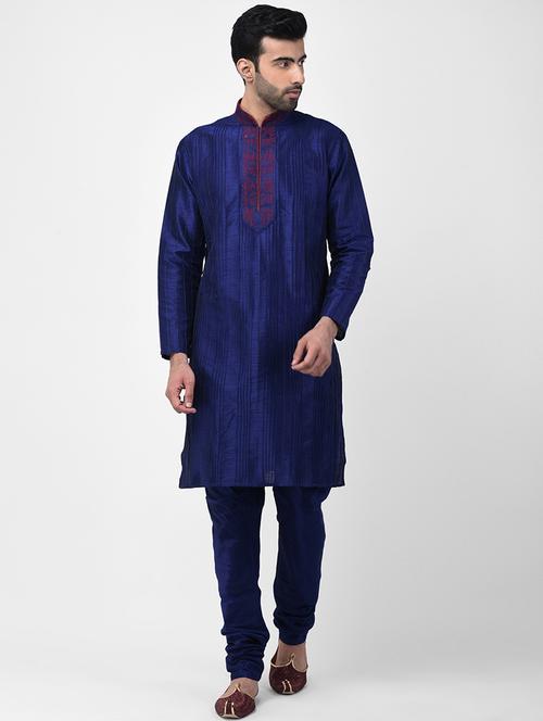 navy blue embroidered pin tucked kurta pyjama set - 17335059 - Standard Image - 1