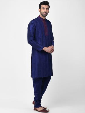 navy blue embroidered pin tucked kurta pyjama set - 17335059 - Standard Image - 2