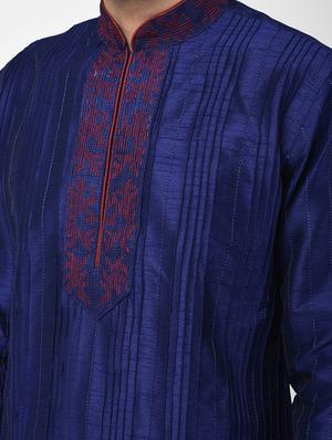 navy blue embroidered pin tucked kurta pyjama set - 17335059 - Standard Image - 5