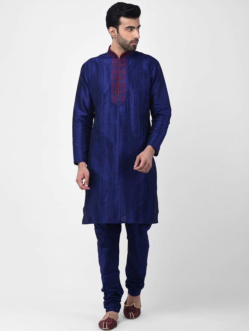 navy blue embroidered pin tucked kurta pyjama set - 17335059 - Zoom Image - 1