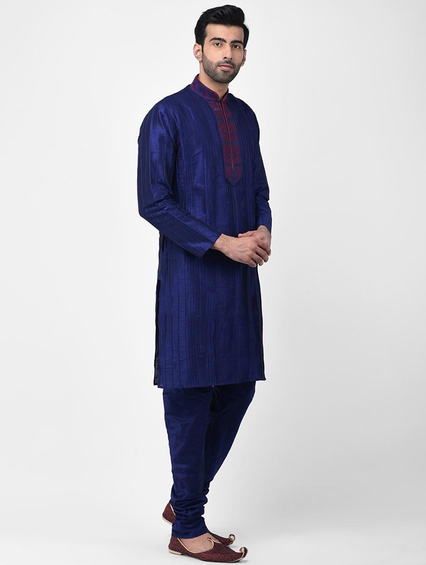 navy blue embroidered pin tucked kurta pyjama set - 17335059 - Zoom Image - 2