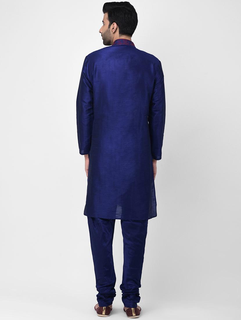 navy blue embroidered pin tucked kurta pyjama set - 17335059 - Zoom Image - 3
