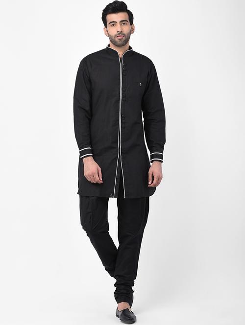 black woven dupion kurta pyjama set - 17335062 - Standard Image - 1