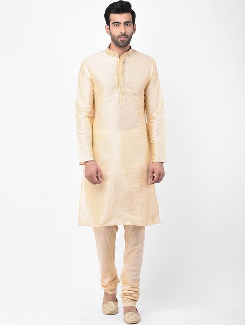 beige woven dupion kurta pyjama set with embroidered neckline - 17335064 - Standard Image - 1