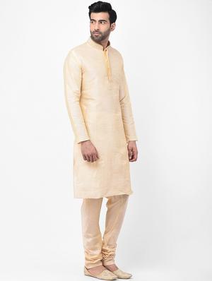 beige woven dupion kurta pyjama set with embroidered neckline - 17335064 - Standard Image - 2