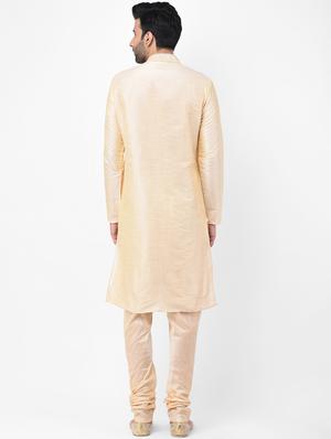 beige woven dupion kurta pyjama set with embroidered neckline - 17335064 - Standard Image - 3