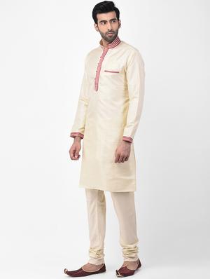 beige solid kurta pyjama set with embroidered - 17335077 - Standard Image - 2