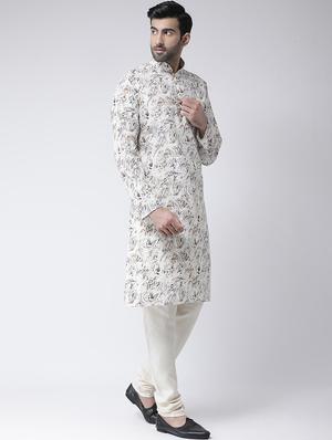 white printed dupion kurta pyjama set - 17335081 - Standard Image - 2