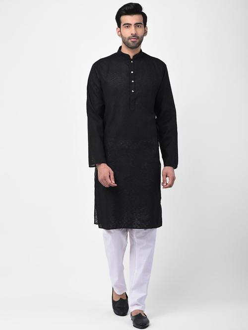black solid dupion kurta pyjama set - 17335086 - Standard Image - 1
