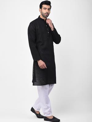 black solid dupion kurta pyjama set - 17335086 - Standard Image - 2