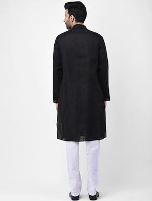 black solid dupion kurta pyjama set - 17335086 - Standard Image - 3