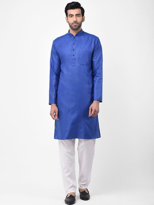 blue solid dupion kurta pyjama set - 17335095 - Standard Image - 1