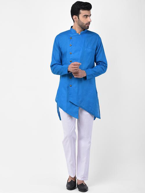 blue solid asymmetric kurta pyjama set - 17335099 - Standard Image - 1