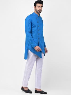 blue solid asymmetric kurta pyjama set - 17335099 - Standard Image - 2