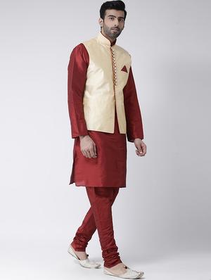 maroon solid kurta pyjama set with cream jacquard nehru jacket - 17335110 - Standard Image - 2