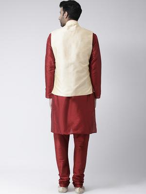 maroon solid kurta pyjama set with cream jacquard nehru jacket - 17335110 - Standard Image - 3