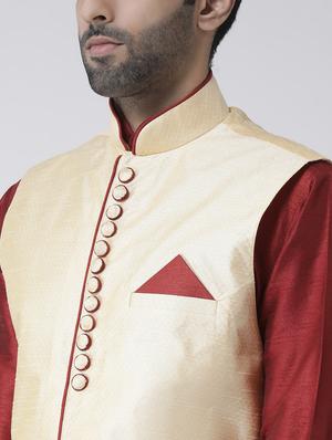 maroon solid kurta pyjama set with cream jacquard nehru jacket - 17335110 - Standard Image - 5