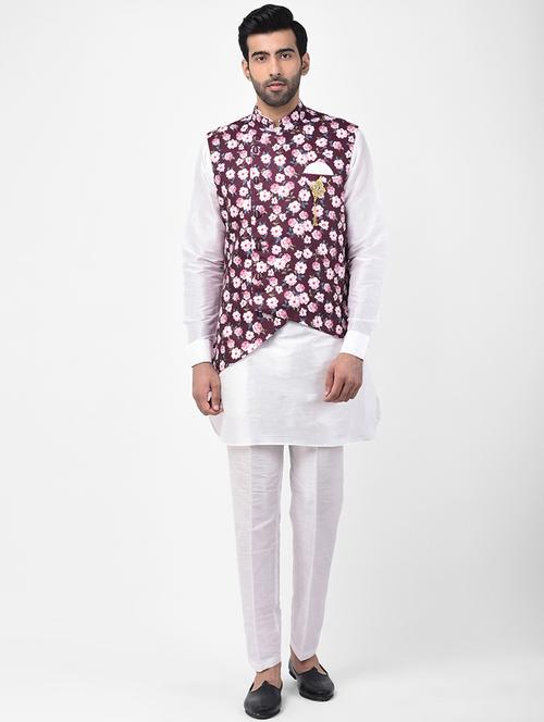 white solid kurta pyjama set with maroon floral print nehru jacket - 17335116 - Standard Image - 1