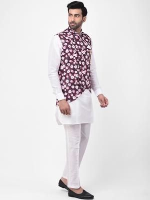 white solid kurta pyjama set with maroon floral print nehru jacket - 17335116 - Standard Image - 2