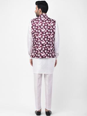 white solid kurta pyjama set with maroon floral print nehru jacket - 17335116 - Standard Image - 3