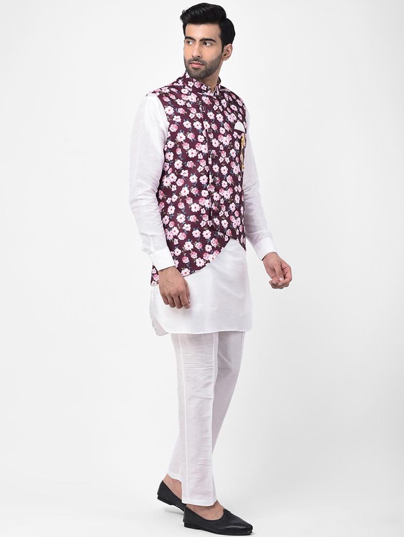 white solid kurta pyjama set with maroon floral print nehru jacket - 17335116 - Zoom Image - 2