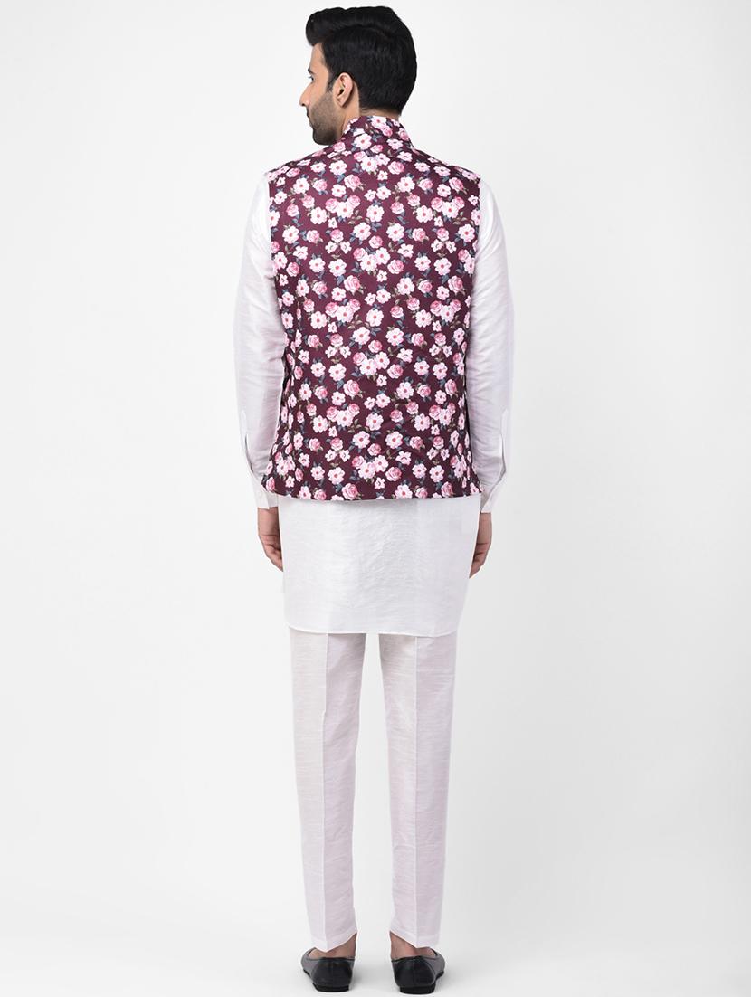 white solid kurta pyjama set with maroon floral print nehru jacket - 17335116 - Zoom Image - 3