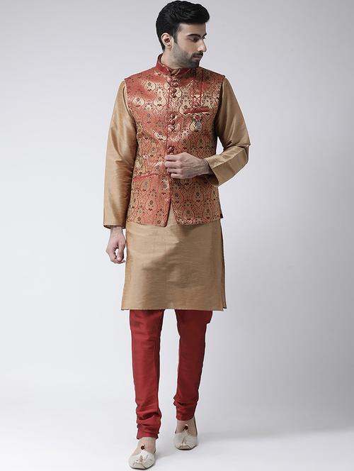 beige solid kurta pyjama set with red jacquard nehru jacket - 17335123 - Very Small Image - 1