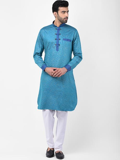 blue printed dupion kurta pyjama set - 17335124 - Standard Image - 1