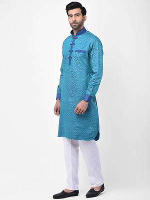blue printed dupion kurta pyjama set - 17335124 - Standard Image - 2