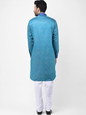 blue printed dupion kurta pyjama set - 17335124 - Standard Image - 3