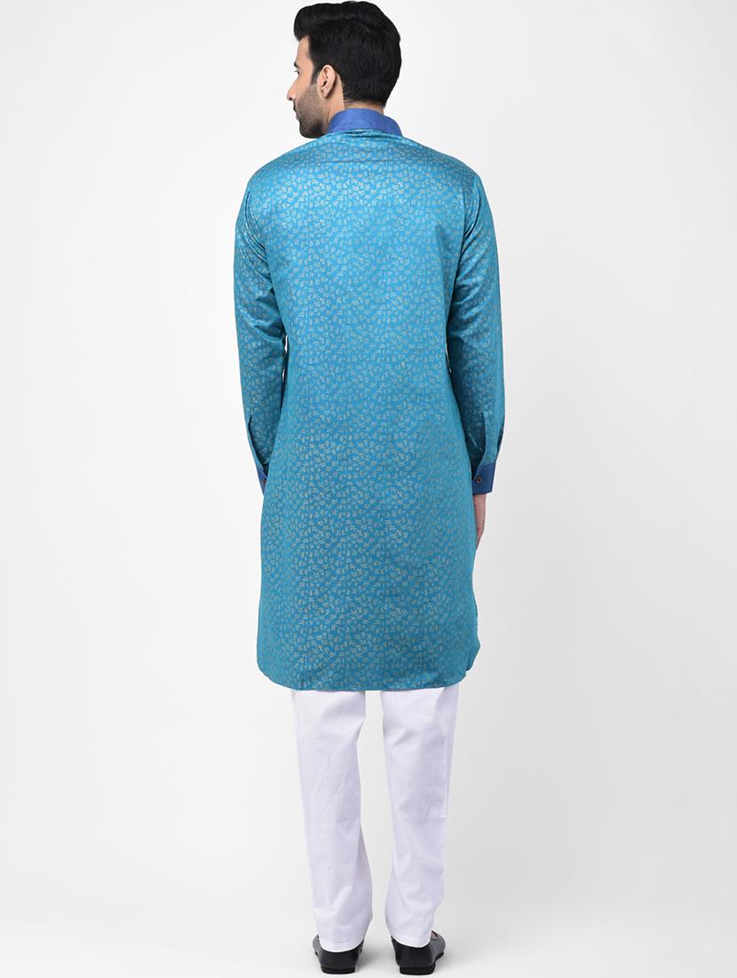 blue printed dupion kurta pyjama set - 17335124 - Zoom Image - 3