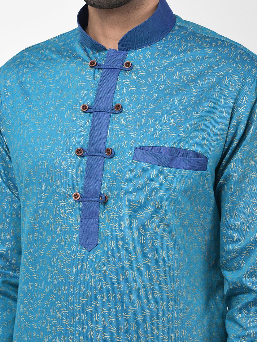 blue printed dupion kurta pyjama set - 17335124 - Zoom Image - 5