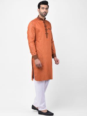 rust printed dupion kurta pyjama set - 17335126 - Standard Image - 2