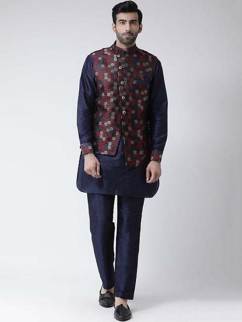 navy blue solid kurta pyjama set with navy blue jacquard nehru jacket - 17335138 - Standard Image - 1