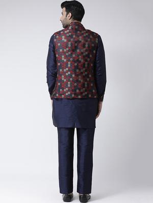 navy blue solid kurta pyjama set with navy blue jacquard nehru jacket - 17335138 - Standard Image - 3
