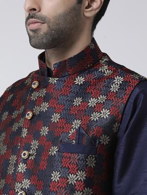 navy blue solid kurta pyjama set with navy blue jacquard nehru jacket - 17335138 - Standard Image - 5