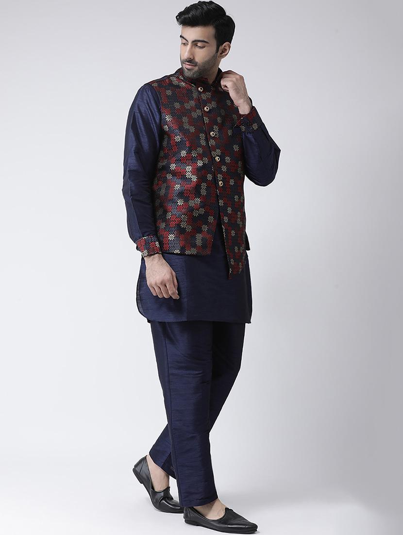 navy blue solid kurta pyjama set with navy blue jacquard nehru jacket - 17335138 - Zoom Image - 2