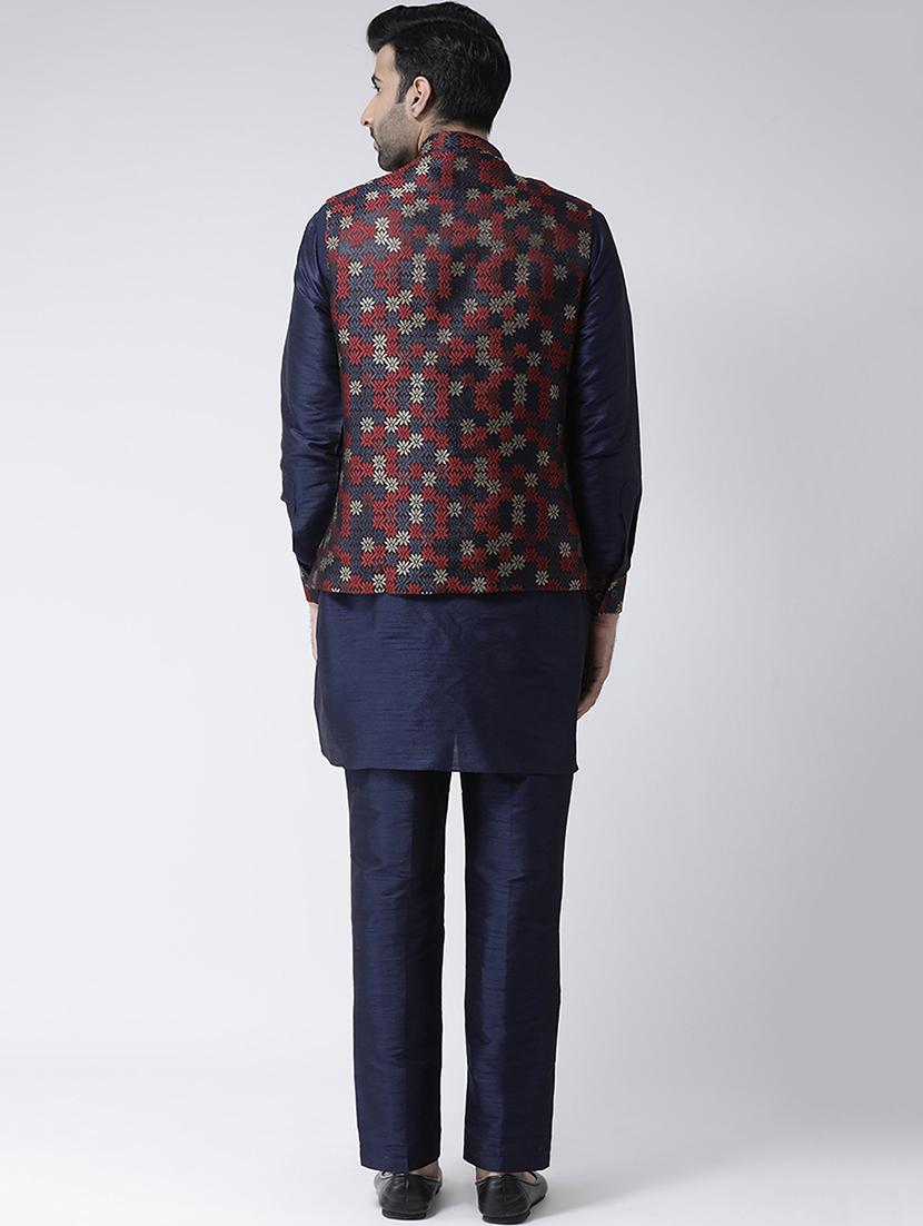 navy blue solid kurta pyjama set with navy blue jacquard nehru jacket - 17335138 - Zoom Image - 3