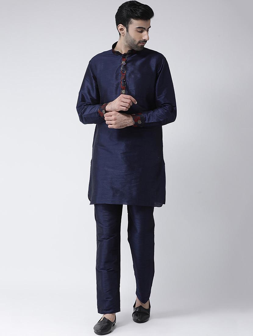 navy blue solid kurta pyjama set with navy blue jacquard nehru jacket - 17335138 - Zoom Image - 4