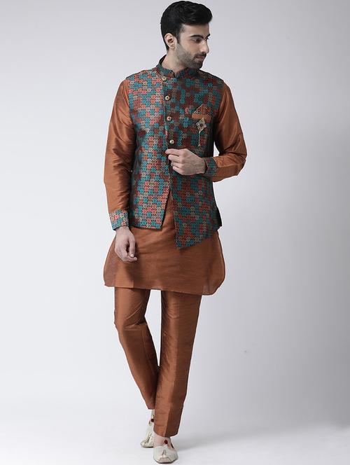brown solid kurta pyjama set with jacquard nehru jacket - 17335139 - Standard Image - 1